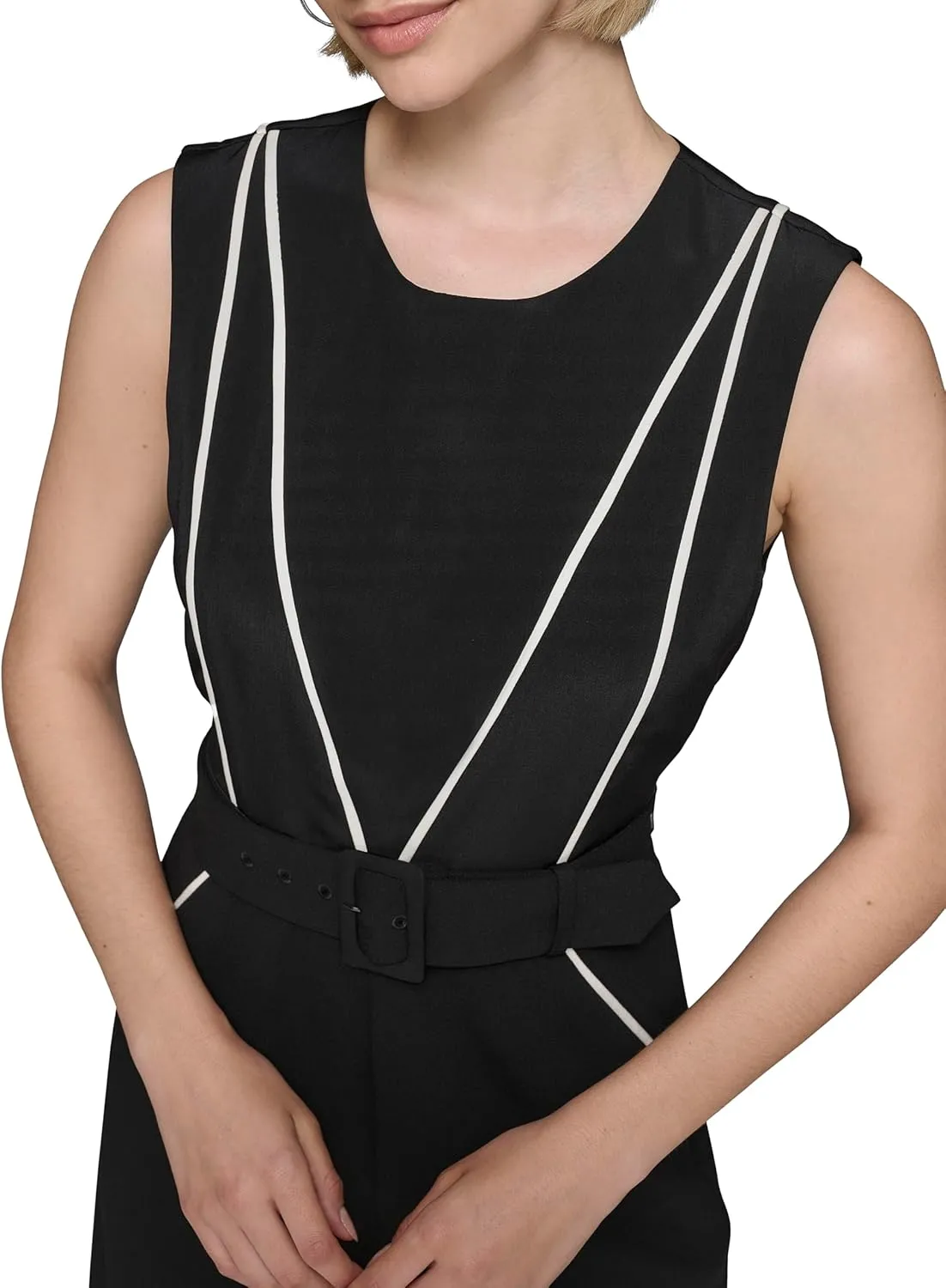 Karl Lagerfeld Paris Womens Belted Scuba Crepe Sleeveless Jumpsuit