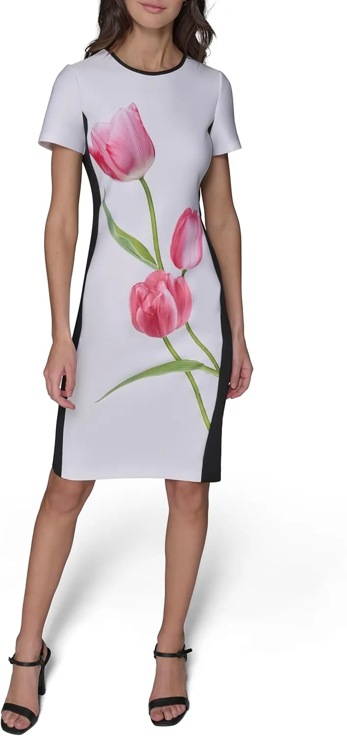 Karl Lagerfeld Paris Women's Printed Short Sleeve Contrasting Sheath Dress