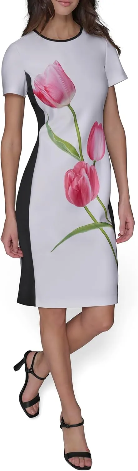 Karl Lagerfeld Paris Women's Printed Short Sleeve Contrasting Sheath Dress