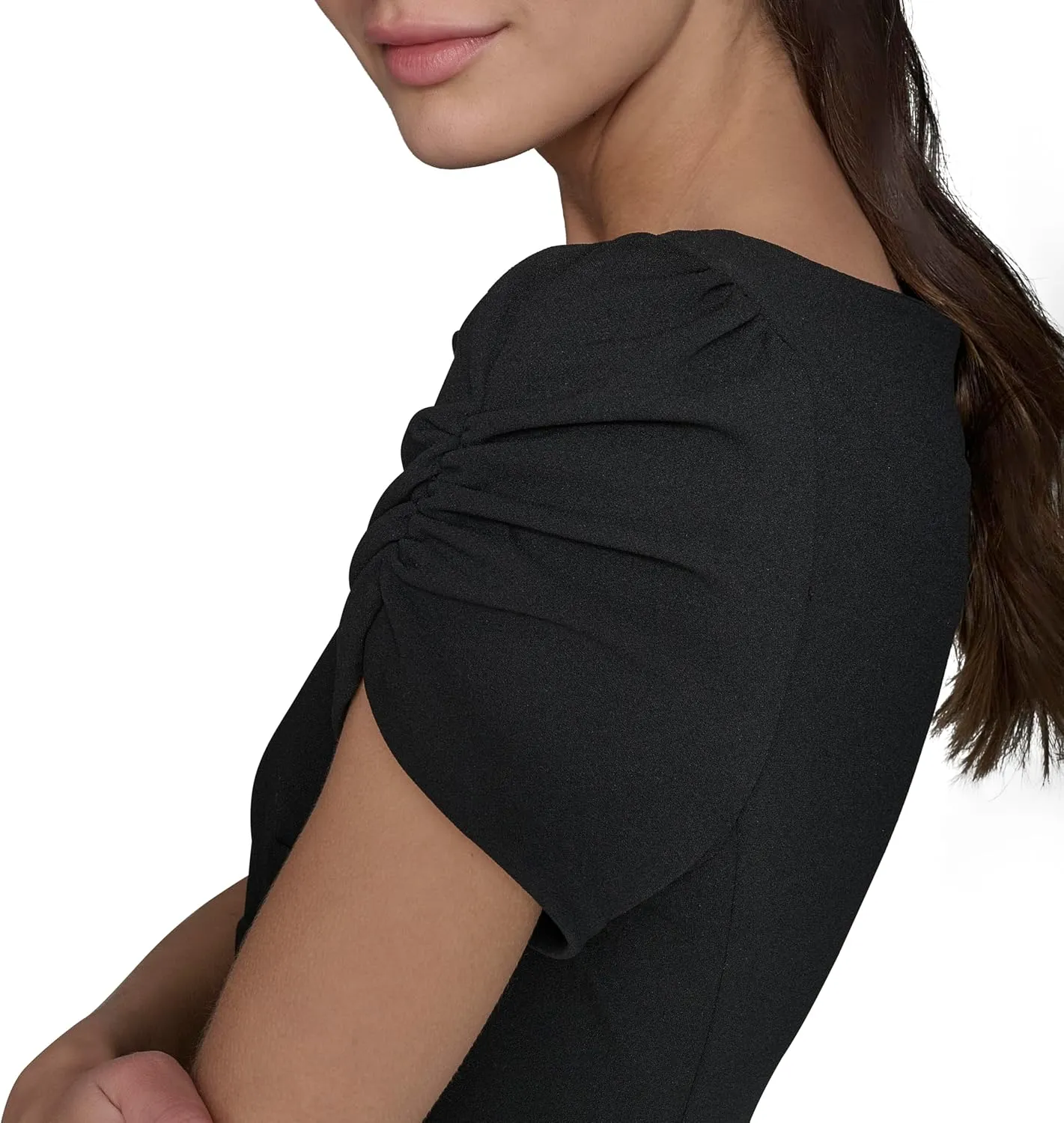 Karl Lagerfeld Paris Women's Short Ruched Sleeve Jewel Neck Sheath Mini Dress