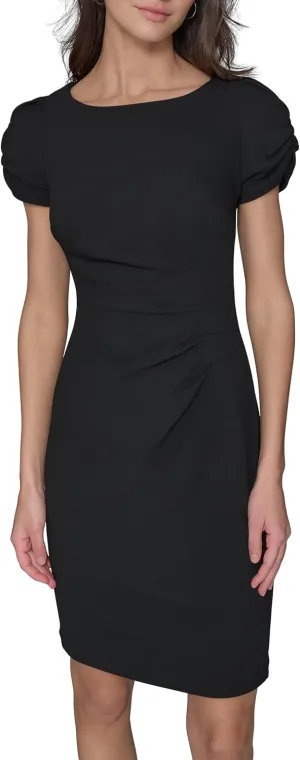 Karl Lagerfeld Paris Women's Short Ruched Sleeve Jewel Neck Sheath Mini Dress