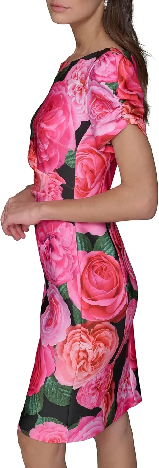 Karl Lagerfeld Paris Women's Short Ruched Sleeve Jewel Neck Sheath Mini Dress