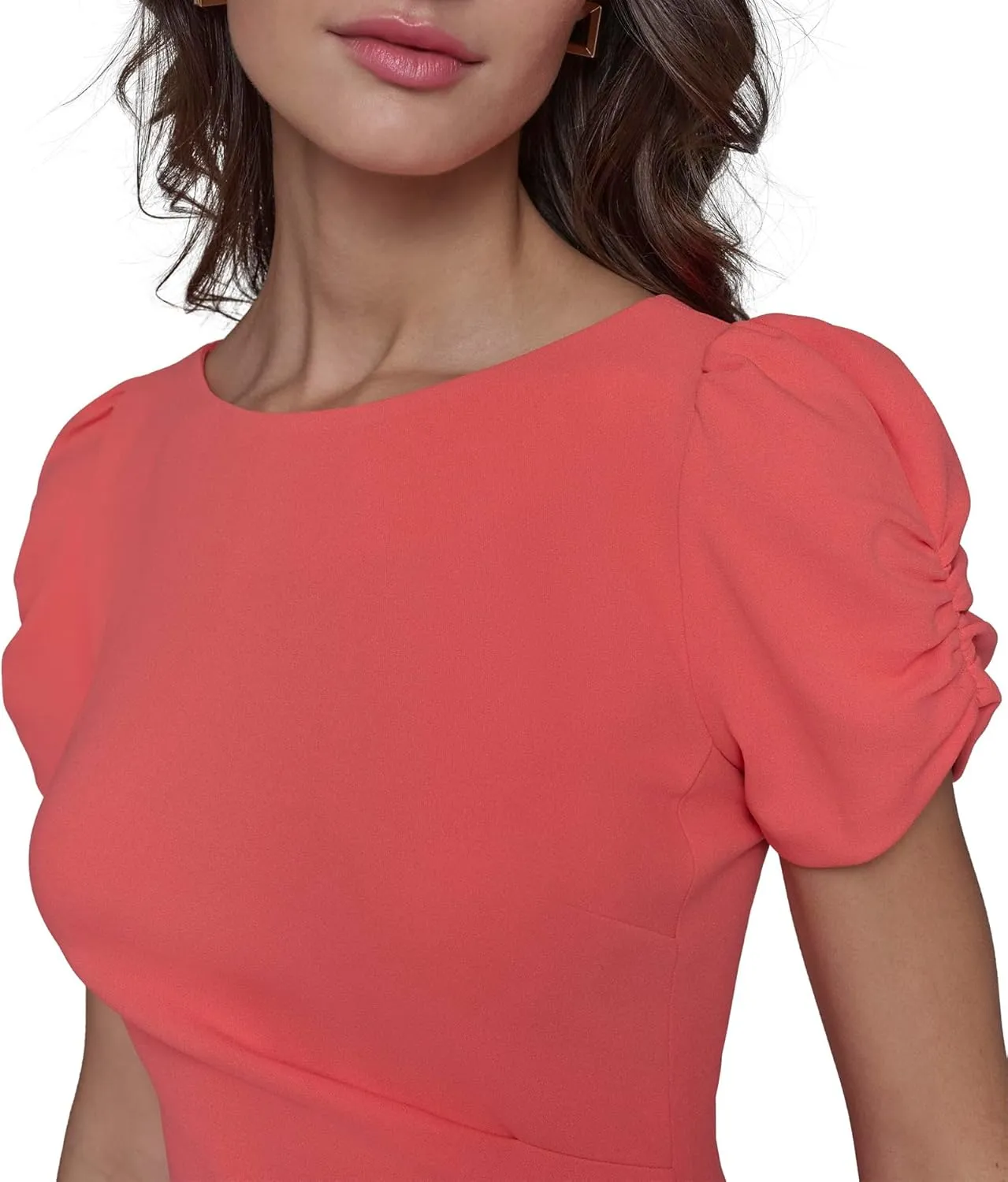 Karl Lagerfeld Paris Women's Short Ruched Sleeve Jewel Neck Sheath Mini Dress