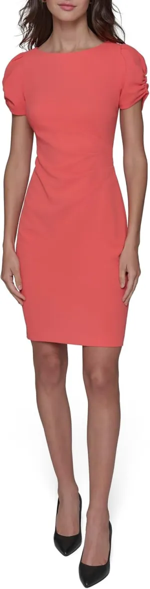 Karl Lagerfeld Paris Women's Short Ruched Sleeve Jewel Neck Sheath Mini Dress