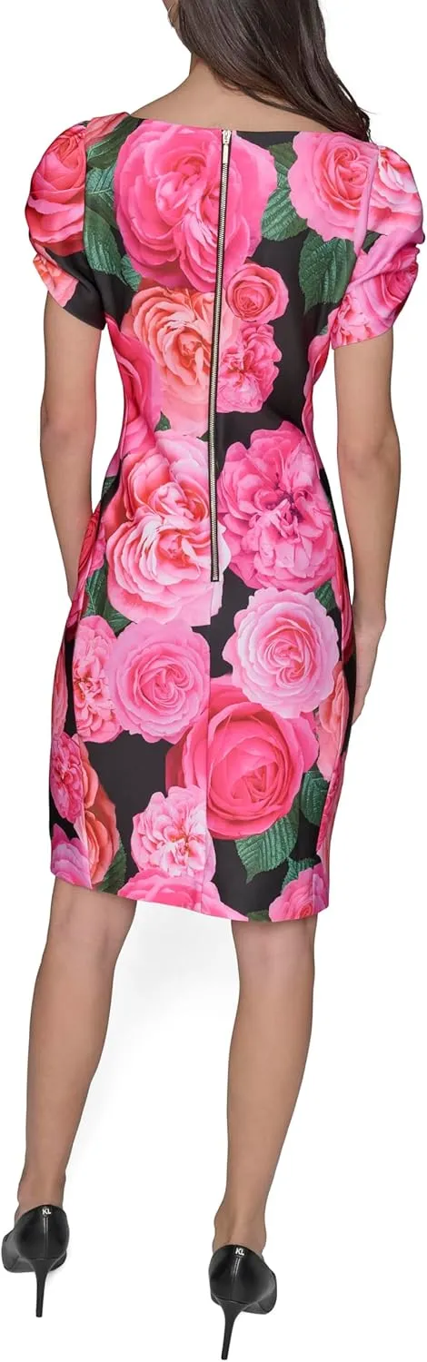 Karl Lagerfeld Paris Women's Short Ruched Sleeve Jewel Neck Sheath Mini Dress