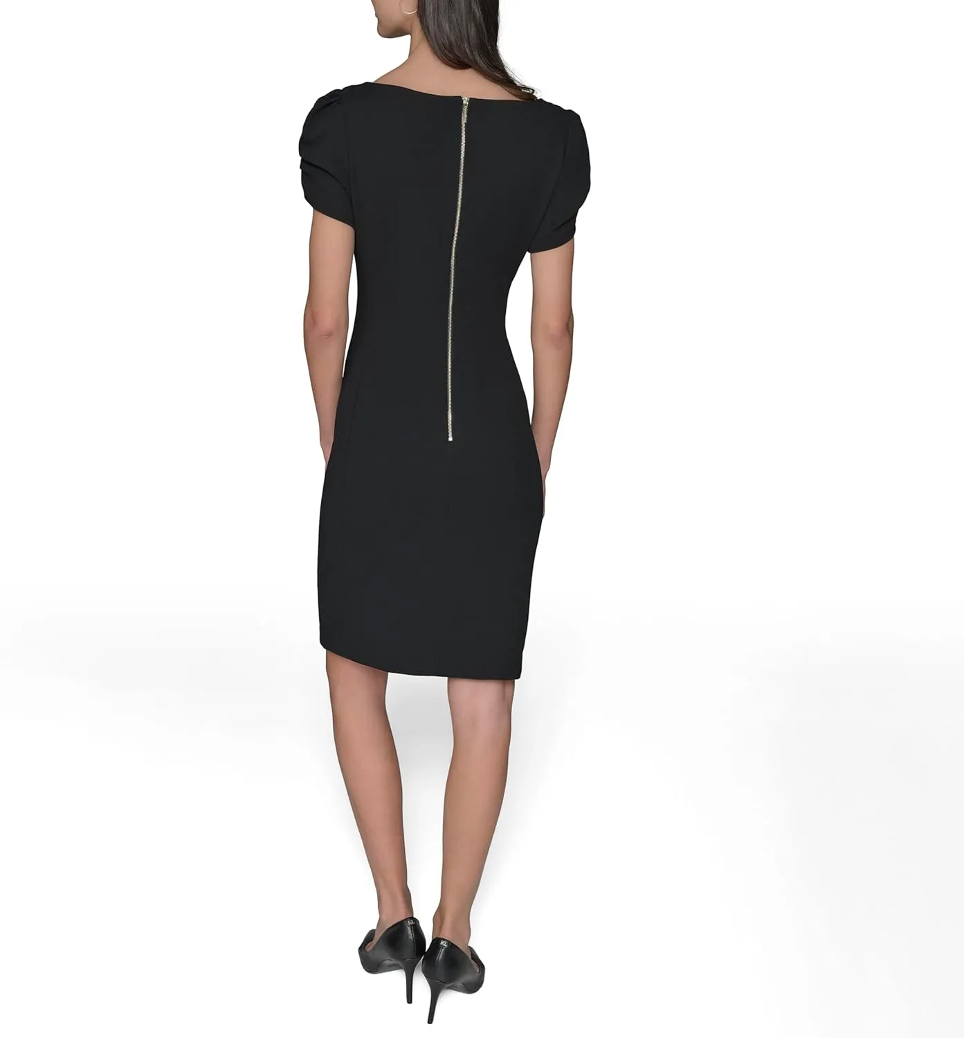 Karl Lagerfeld Paris Women's Short Ruched Sleeve Jewel Neck Sheath Mini Dress