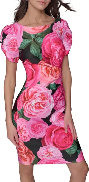 Karl Lagerfeld Paris Women's Short Ruched Sleeve Jewel Neck Sheath Mini Dress