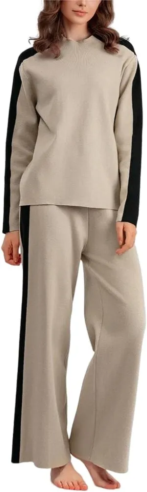 Kedera Women Knit 2 Piece Outfits Long Sleeve Sweater Pullover Tops Wide Leg Pants Tracksuits Lounge Set