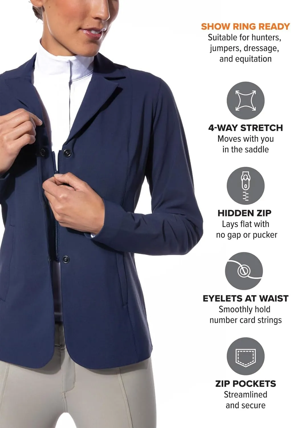 Kerrits Women's Equestrian Stretch Competitor Coat  4-Snap, Lightweight English Horse Show Jacket, Machine Wash