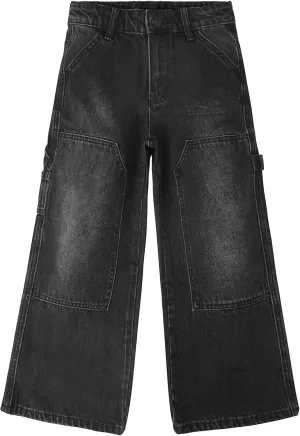KIDSCOOL SPACE Girls' Wide-Leg Jeans, Elastic Band Inside Big Patchwork Flared Denim Pants