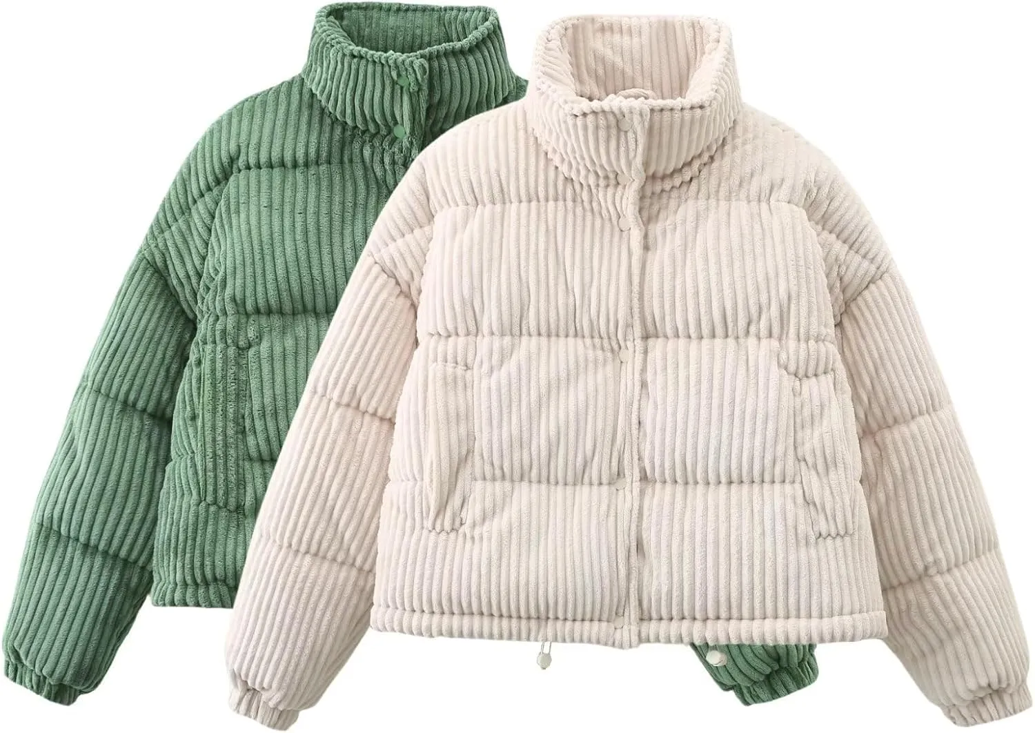 Kissonic Women's Winter Corduroy Cropped Puffer Jacket Warm Long Sleeve Stand Collar Short Down Coats