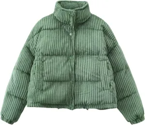 Kissonic Women's Winter Corduroy Cropped Puffer Jacket Warm Long Sleeve Stand Collar Short Down Coats