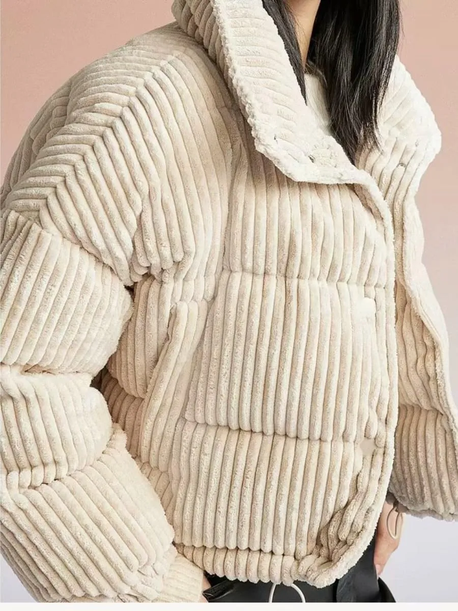 Kissonic Women's Winter Corduroy Cropped Puffer Jacket Warm Long Sleeve Stand Collar Short Down Coats