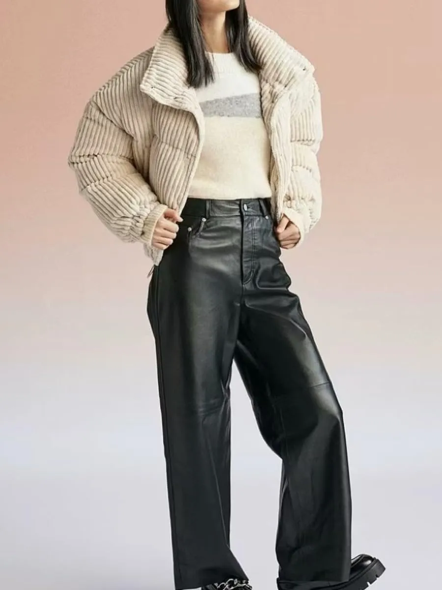 Kissonic Women's Winter Corduroy Cropped Puffer Jacket Warm Long Sleeve Stand Collar Short Down Coats