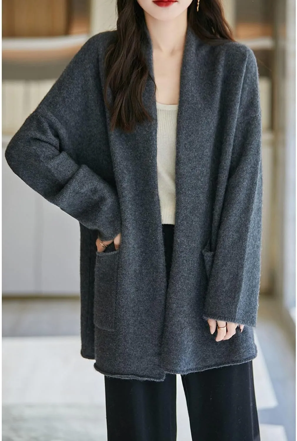 Knitted Sweater Cardigans Women's Open Front Coat 100% Merino Wool with Pockets Jacket Oversized