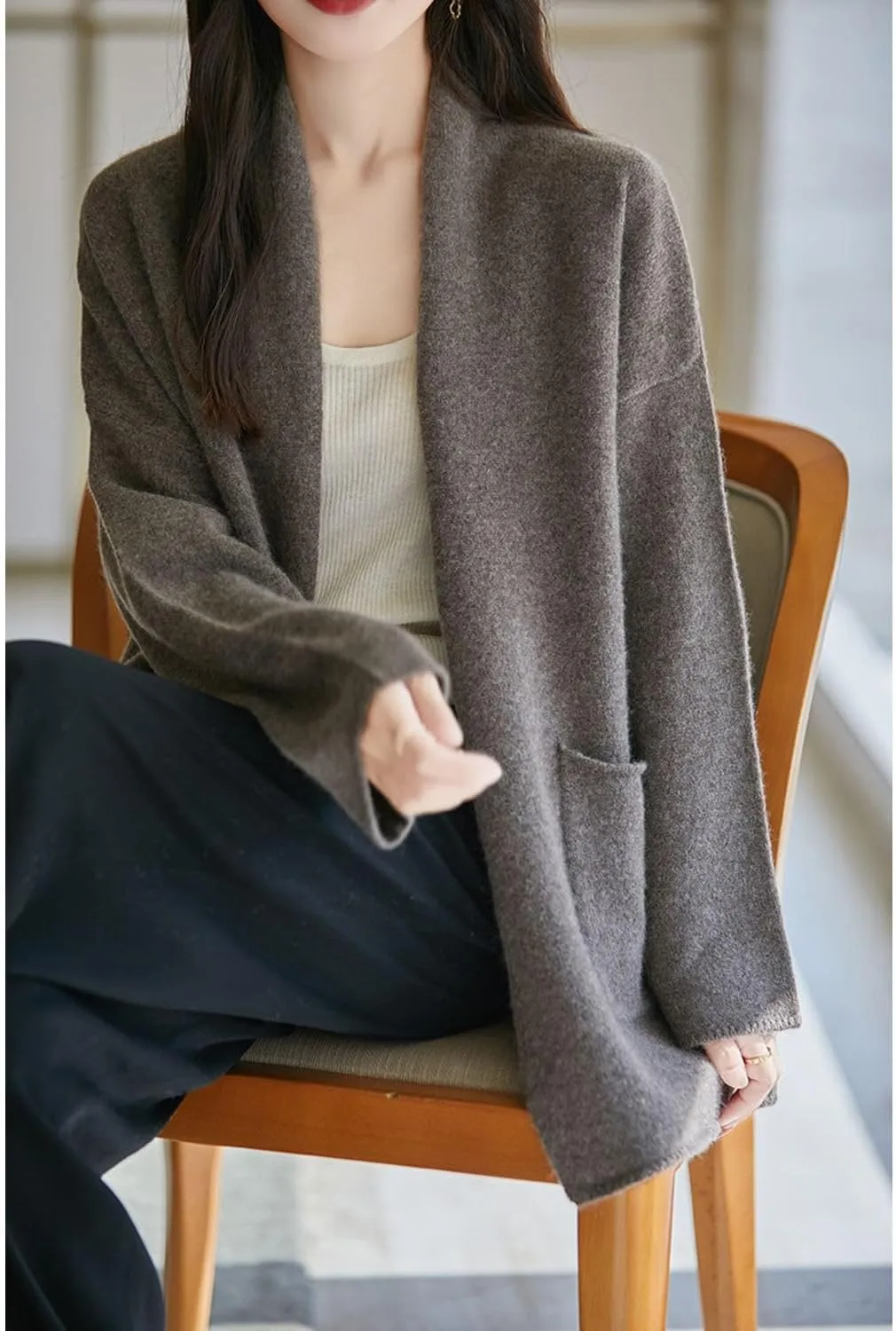 Knitted Sweater Cardigans Women's Open Front Coat 100% Merino Wool with Pockets Jacket Oversized