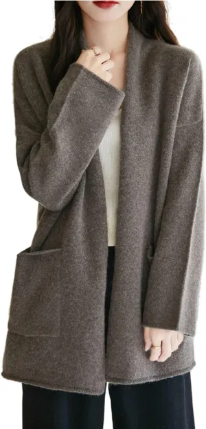 Knitted Sweater Cardigans Women's Open Front Coat 100% Merino Wool with Pockets Jacket Oversized