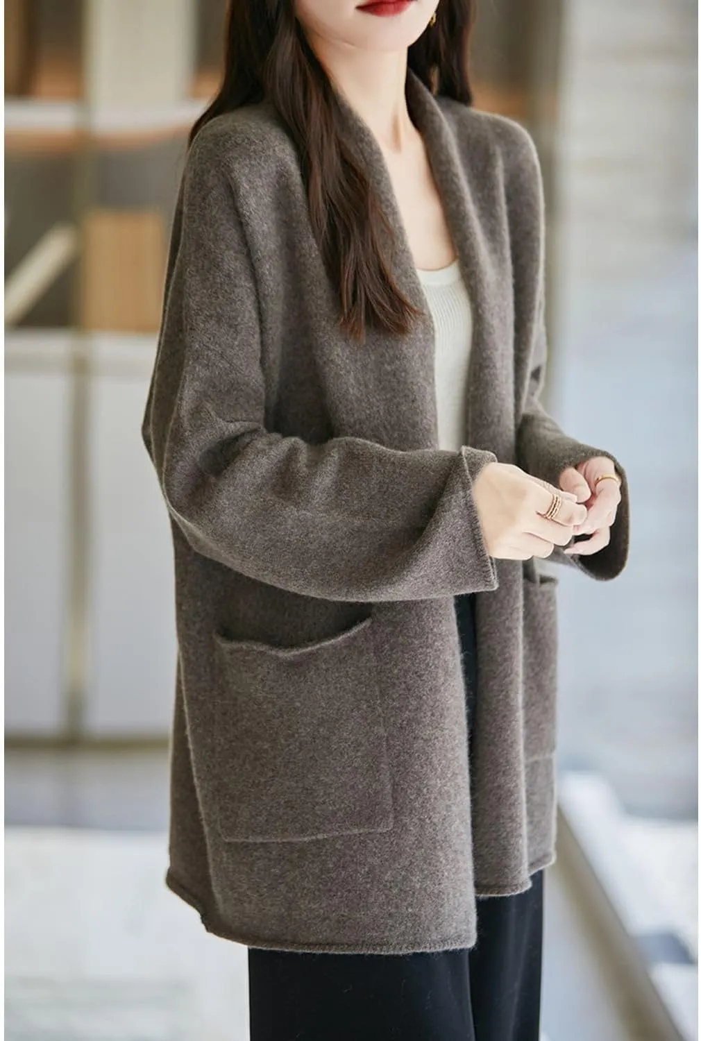 Knitted Sweater Cardigans Women's Open Front Coat 100% Merino Wool with Pockets Jacket Oversized