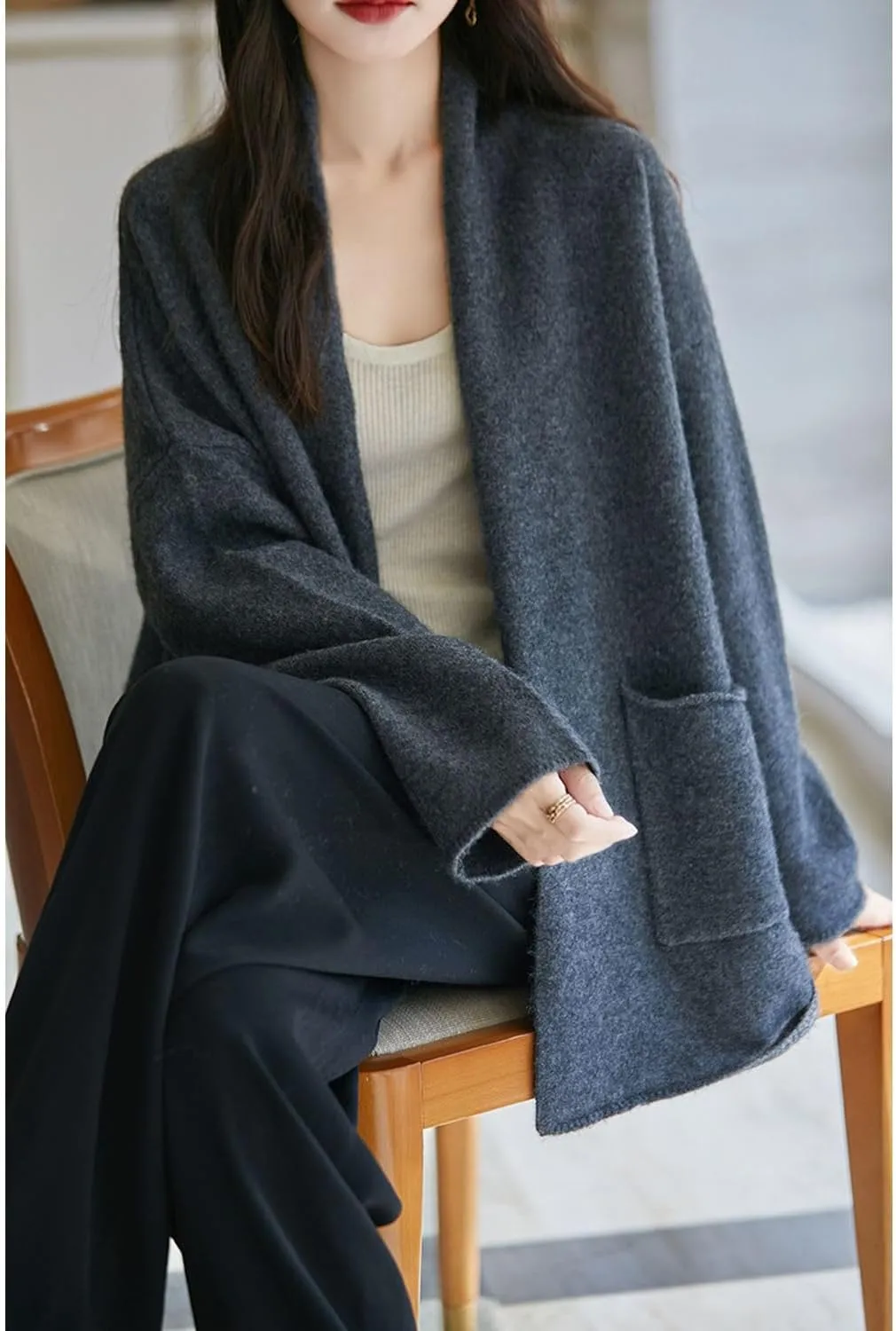 Knitted Sweater Cardigans Women's Open Front Coat 100% Merino Wool with Pockets Jacket Oversized