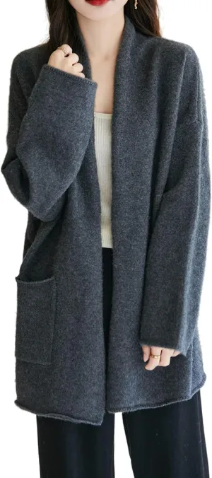 Knitted Sweater Cardigans Women's Open Front Coat 100% Merino Wool with Pockets Jacket Oversized