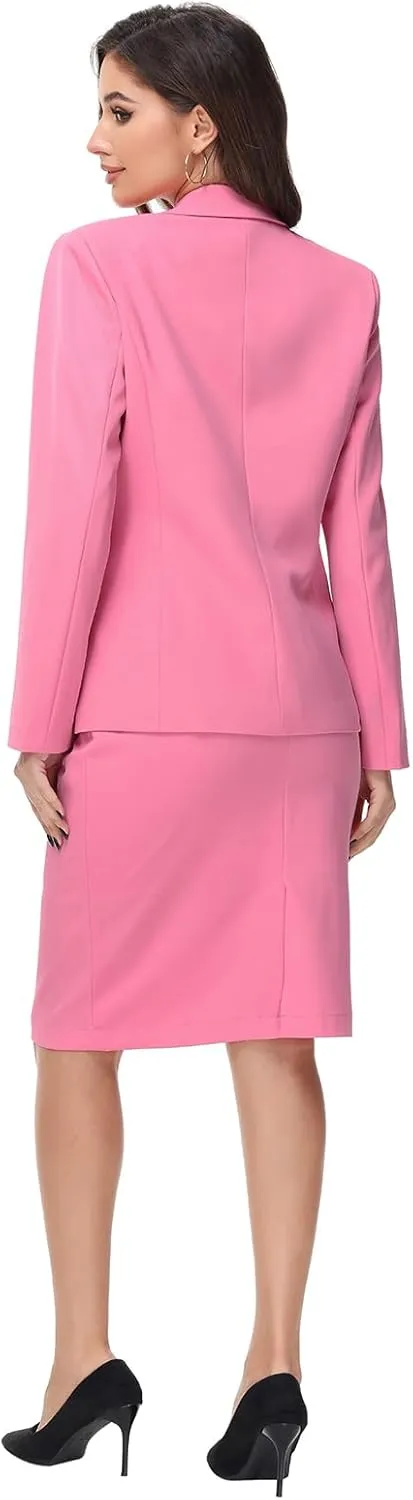 Lamgool Women's Business Skirt Suit Set 2 Piece Office Outfits Notched Lapel Blazer and Pencil Skirt
