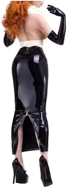 Latex Bodycon Pencil Skirt for Women Zip High Waist PU Patent Leather Long Seamless Skirts Tight