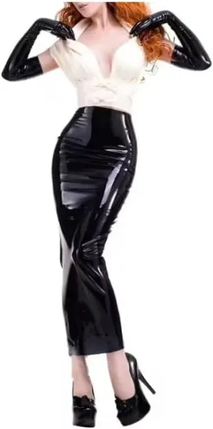 Latex Bodycon Pencil Skirt for Women Zip High Waist PU Patent Leather Long Seamless Skirts Tight