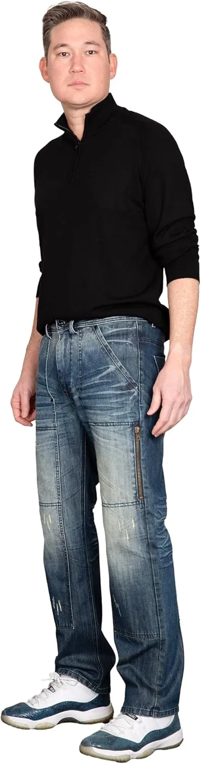 Level 7 Men's Relaxed Bootcut & Relaxed Straight Leg Denim Distressed Jeans with Zipper Pocket