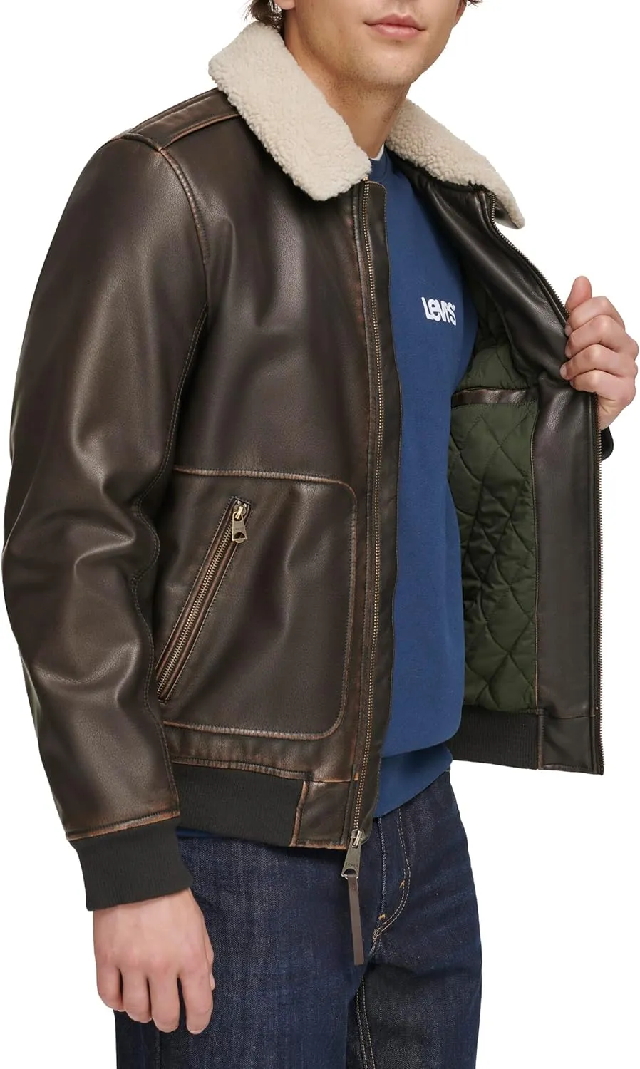 Levi's Men's Faux Leather Aviator Bomber Jacket with Sherpa Collar