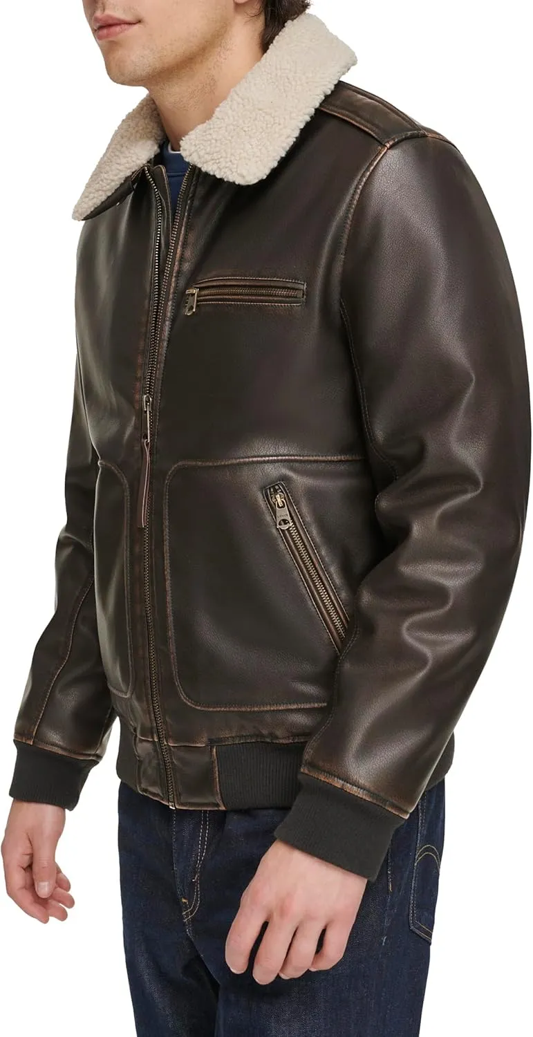 Levi's Men's Faux Leather Aviator Bomber Jacket with Sherpa Collar