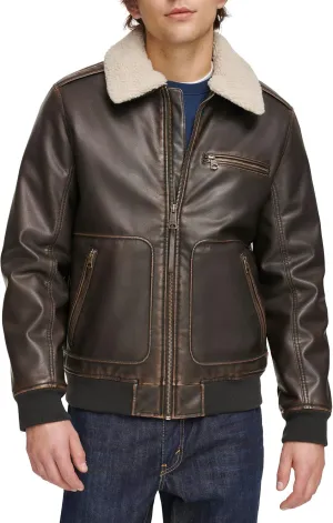 Levi's Men's Faux Leather Aviator Bomber Jacket with Sherpa Collar
