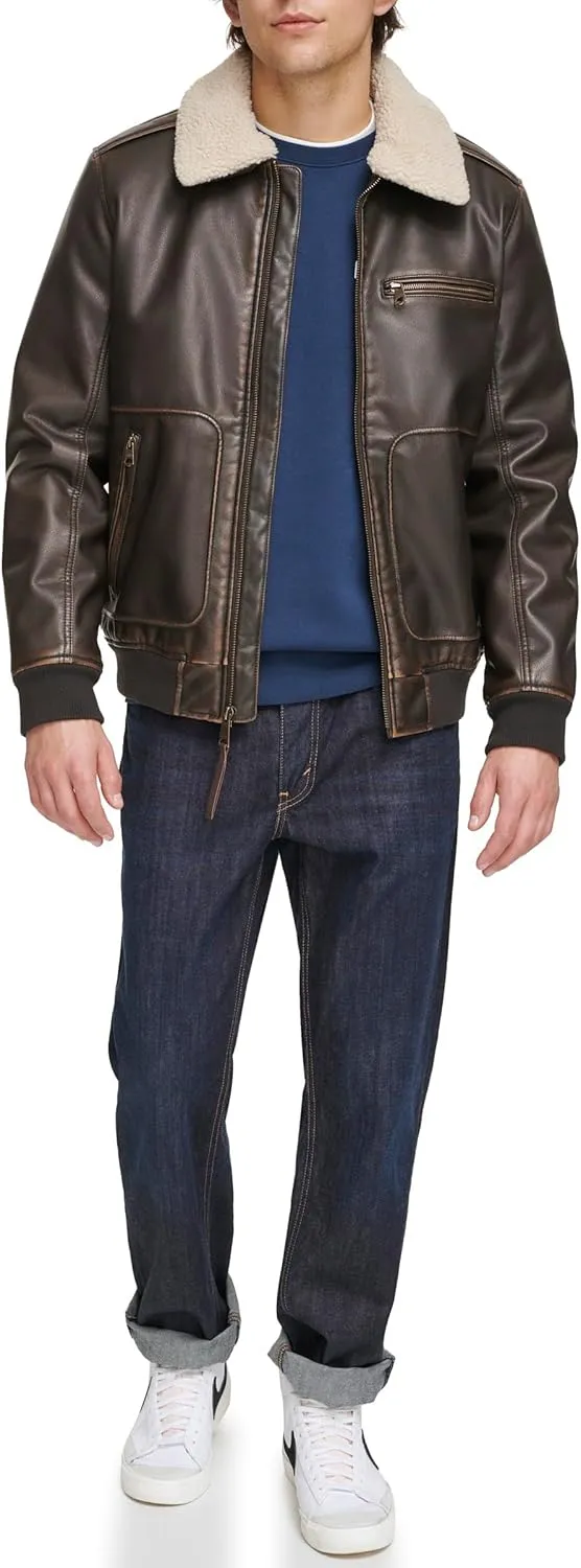 Levi's Men's Faux Leather Aviator Bomber Jacket with Sherpa Collar