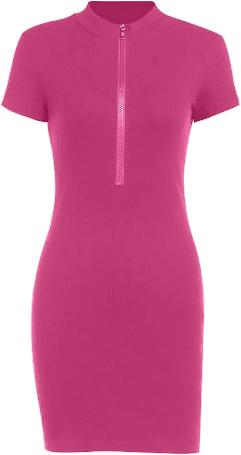 LFEOOST Women's Ribbed Knit Bodycon Dress Sexy Zip Front V Neck Short Sleeve Pencil Skirt Stretchy Comfy Club Mini Dresses