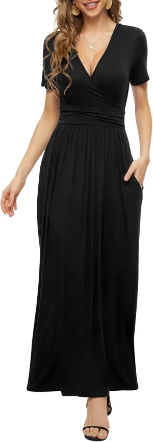 LILBETTER Women's Summer Short Sleeves Dress Wrap Waist Maxi Dresses with Pockets