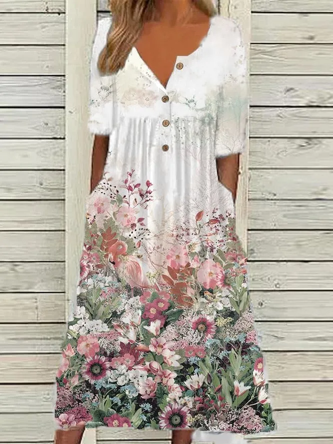 LOAIHA Women's Short Sleeve Boho Floral Print Maxi Dress Summer V Neck Casual Loose Dress with Pockets