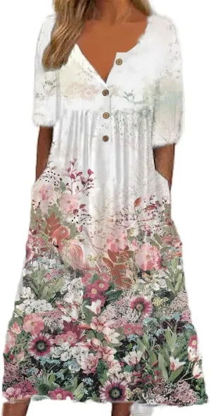 LOAIHA Women's Short Sleeve Boho Floral Print Maxi Dress Summer V Neck Casual Loose Dress with Pockets
