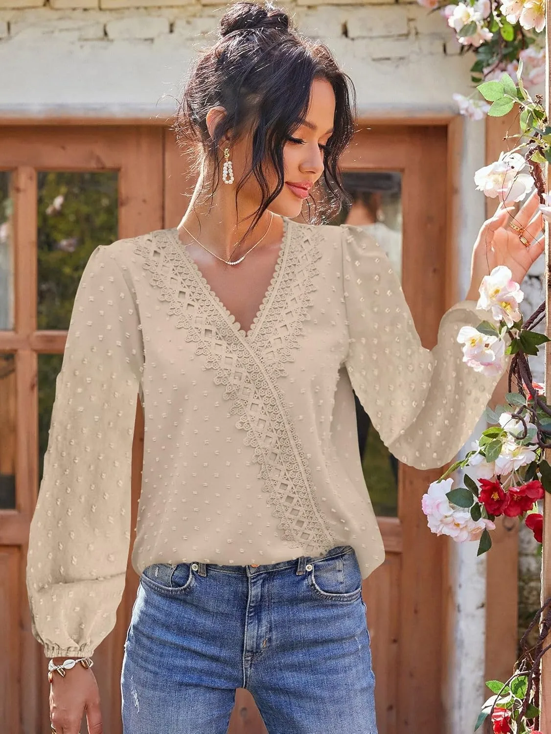 LOLONG Womens Tops Short/Long Sleeve V Neck Chiffon Blouses Dressy Casual Pom Poms Shirts