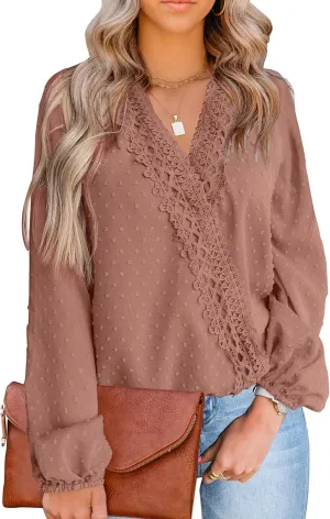 LOLONG Womens Tops Short/Long Sleeve V Neck Chiffon Blouses Dressy Casual Pom Poms Shirts