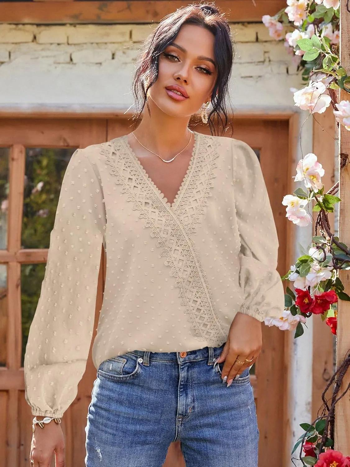 LOLONG Womens Tops Short/Long Sleeve V Neck Chiffon Blouses Dressy Casual Pom Poms Shirts