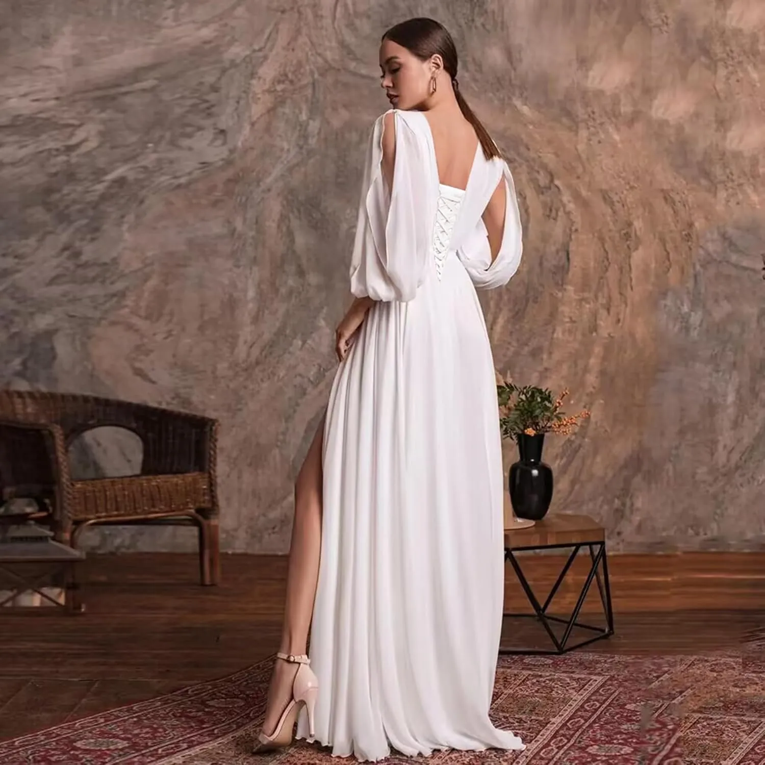 Long Sleeve Bridesmaid Dresses with Sash Slit Chiffon V Neck Ruched A Line Formal Dress for Women
