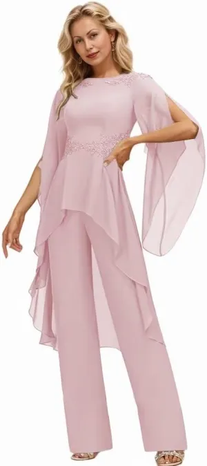 Long Sleeve Chiffon Mother of The Bride Pant Suits for Wedding Lace 2 Pieces Formal Evening Pantsuits for Women