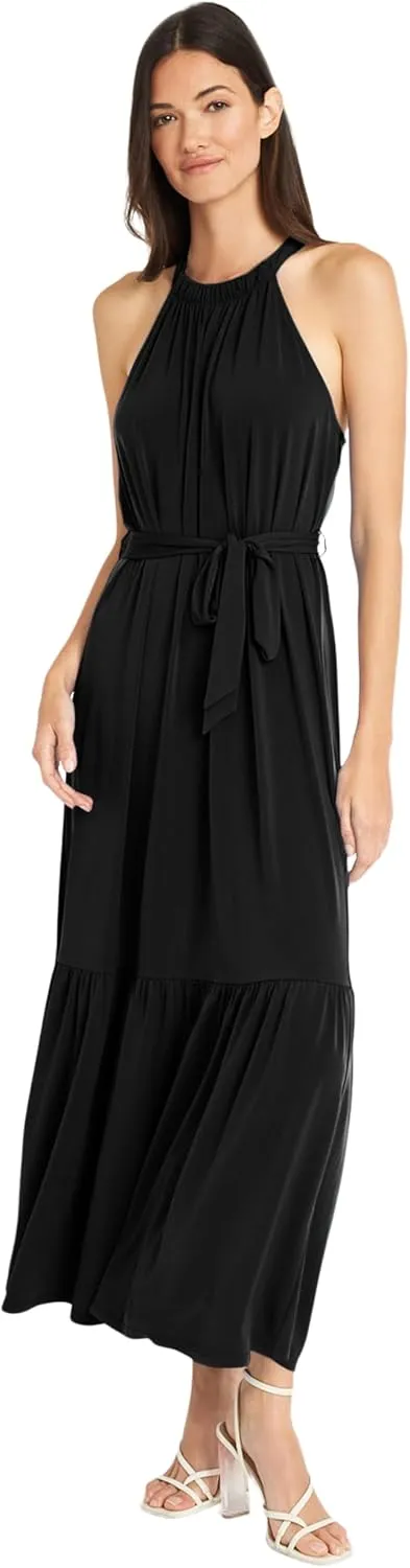Maggy London Casual Sleeveless, Waist Tie, Maxi Unlined Halter Dresses for Women
