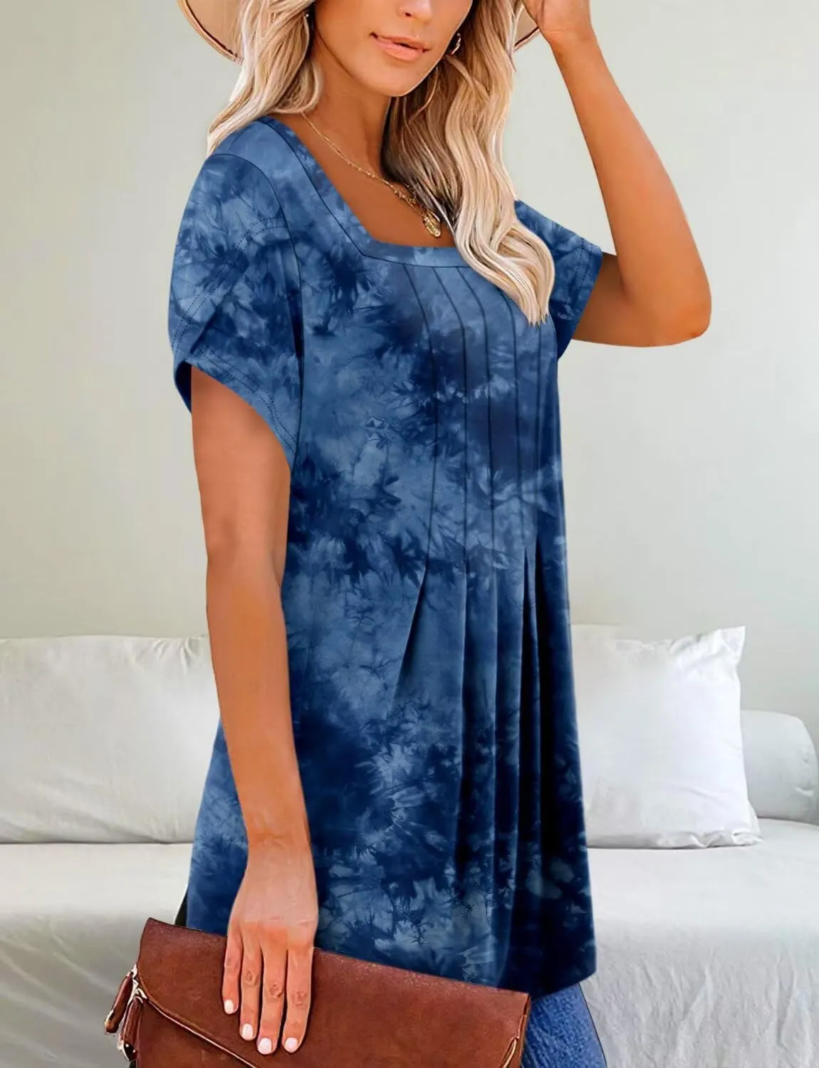 Magritta Womens Casual Tops Square Neck Short Sleeve Flowy Hem Boho Shirts Summer Fashion Pleat Tunic Blouses S-3XL