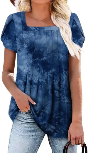 Magritta Womens Casual Tops Square Neck Short Sleeve Flowy Hem Boho Shirts Summer Fashion Pleat Tunic Blouses S-3XL