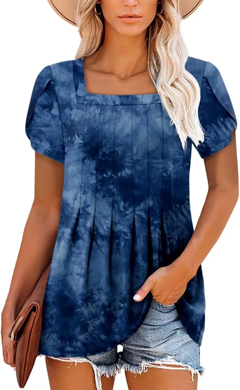 Magritta Womens Casual Tops Square Neck Short Sleeve Flowy Hem Boho Shirts Summer Fashion Pleat Tunic Blouses S-3XL