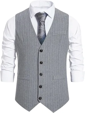 Maiyifu-GJ Men's Casual Pinstripe Dress Vests Formal Business Waistcoat Slim Fit Wedding Suit Vest for Suit or Tuxedo