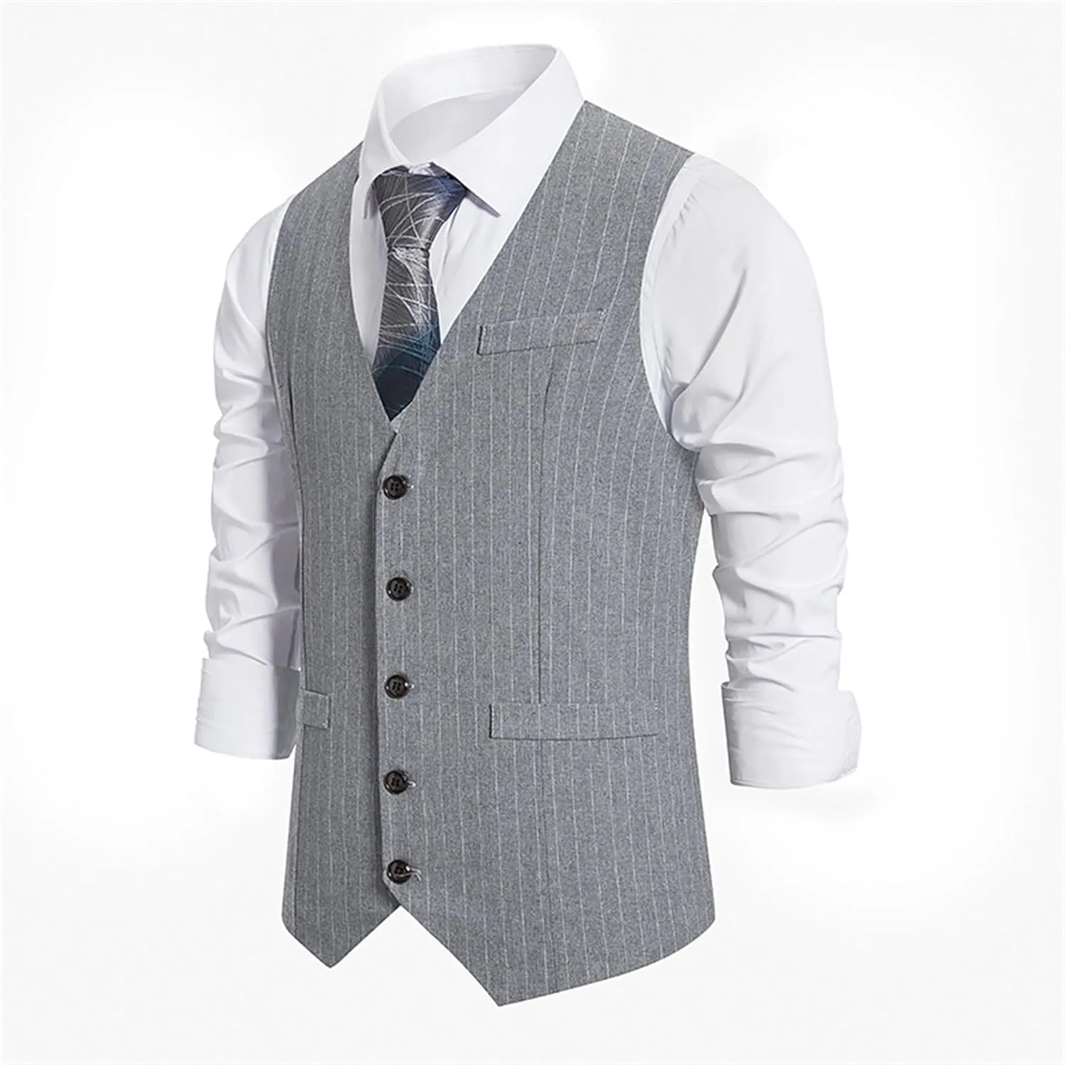 Maiyifu-GJ Men's Casual Pinstripe Dress Vests Formal Business Waistcoat Slim Fit Wedding Suit Vest for Suit or Tuxedo