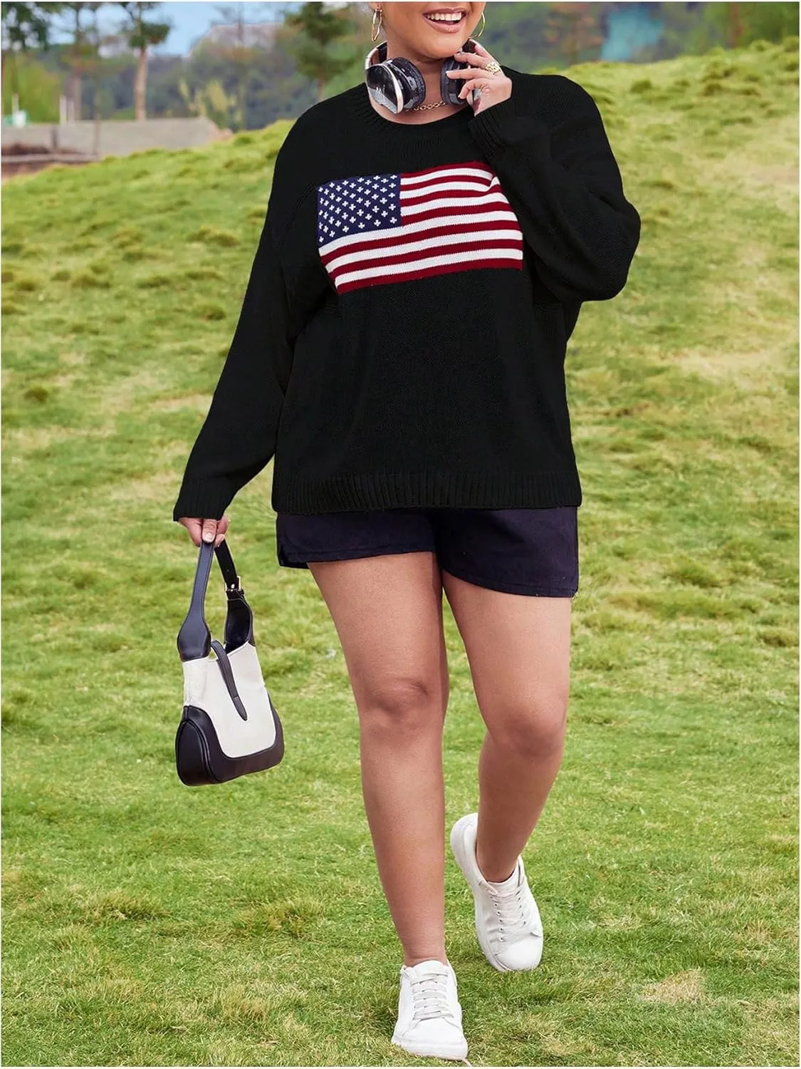 MakeMeChic Women's Plus Size American Flag Sweater Long Sleeve Crew Neck Knitted Fall Sweaters