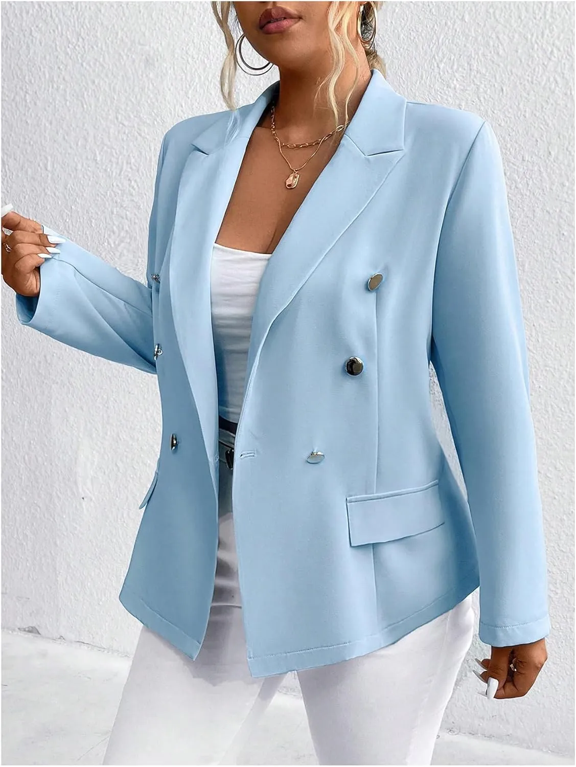 MakeMeChic Women's Plus Size Lapel Neck Blazers Long Sleeve Button Front Jacket Coat