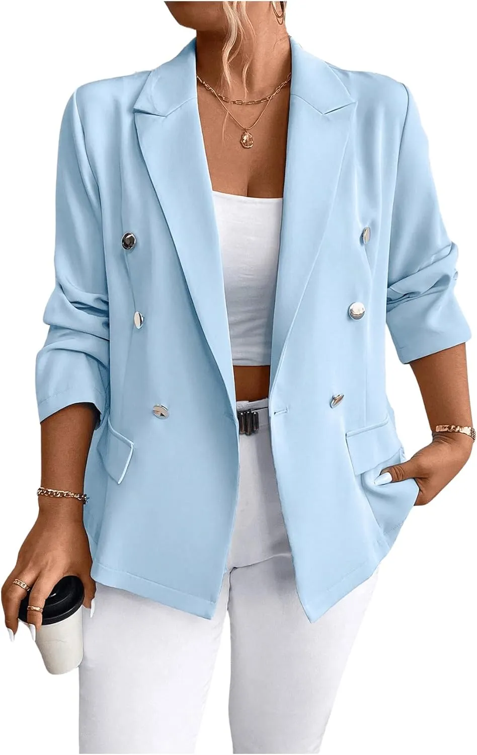 MakeMeChic Women's Plus Size Lapel Neck Blazers Long Sleeve Button Front Jacket Coat